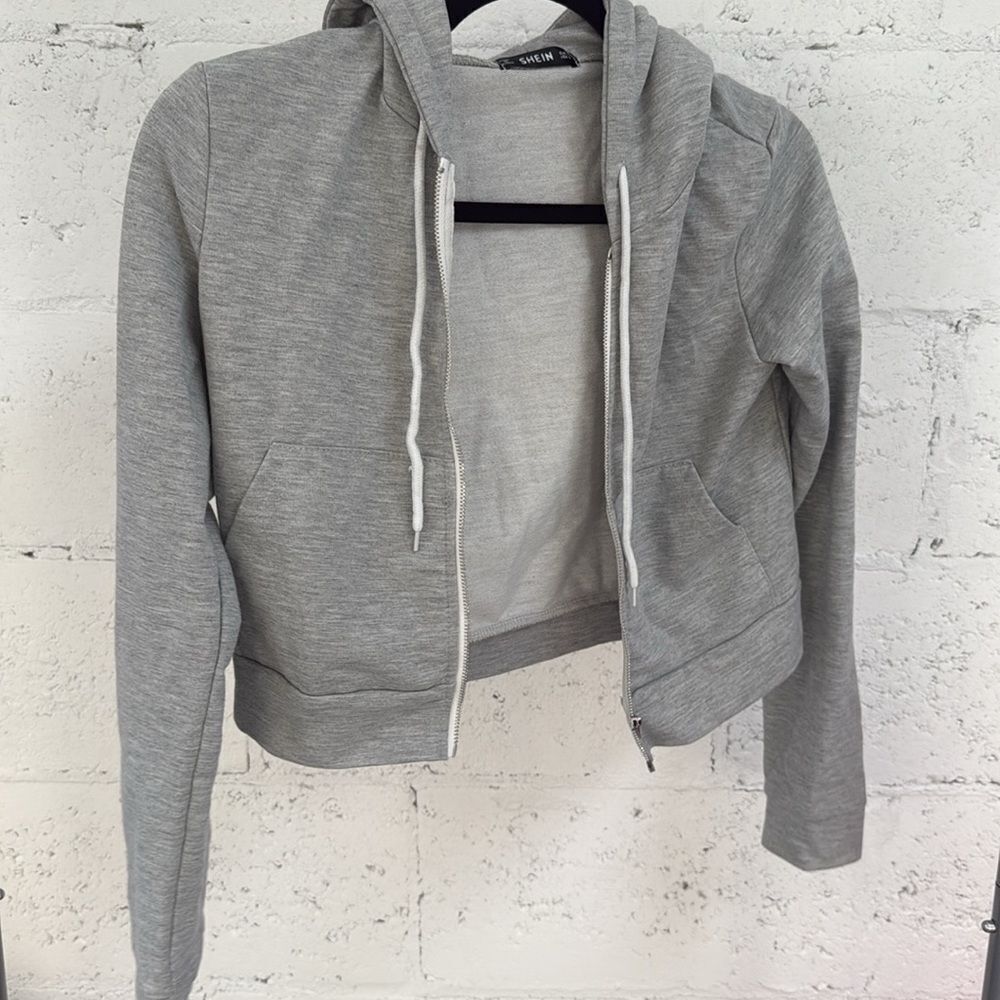 Drawstring Light Gray Cropped Zip Hoodie Jacket NEVER WORN - NWOT - Size Small